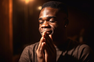 A man is kneeling and praying in a dimly lit room, with his hands clasped together in a solemn and meditative posture