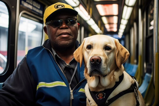 A visually impaired man and his guide dog are seated in a subway car