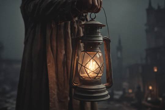 In a dark and eerie atmosphere, a person grips an old lantern tightly, Generative AI