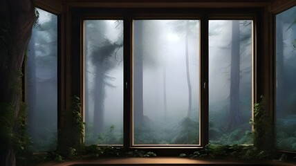  A window overlooking a misty forest, shrouded in mystery and tranquility
