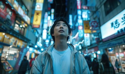 In the heart of a bustling metropolis, a young Asian tourist stops in the middle of a busy night street and looks up and contemplates towering skyscrapers and sparkling city lights.