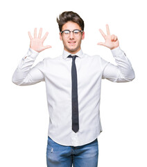 Young business man wearing glasses over isolated background showing and pointing up with fingers number eight while smiling confident and happy.