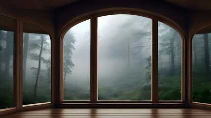  A window overlooking a misty forest, shrouded in mystery and tranquility