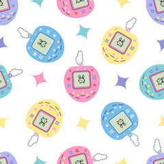 Classic y2k, 90s and 2000s aesthetic. Flat style retro electronic pet pocket game, vintage seamless pattern. Hand-drawn vector illustration.