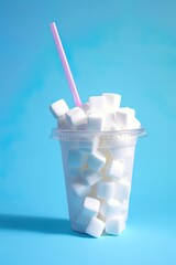 Plastic cup full of sugar cubes on blue background. Generative Ai