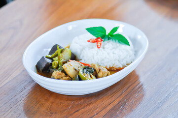 chicken curry , yellow curry chicken or chicken feet soup with rice