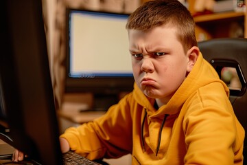 emotional angry nervous child sitting near the computer