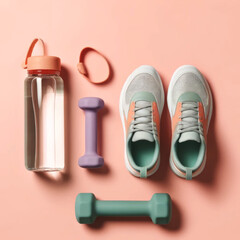 Fitness Essentials: Sneakers, Dumbbells, and Water Bottle