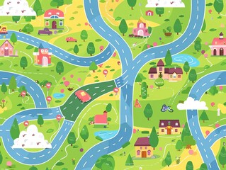 road map flat design side view travel planning theme cartoon drawing vivid
