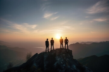 A group of individuals standing on the summit of a towering mountain, admiring the vast panoramic view below
