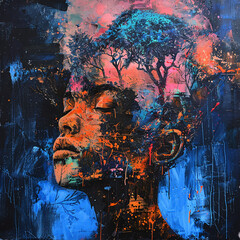 Blooming man head with flowers. Self-care and mental health concept. Positive thinking, creative mind. Generative AI.