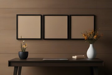 3 blank wall art mockup, close-up, blank mockup brown wall theme