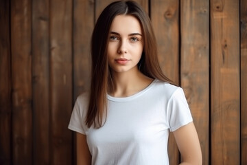 Fototapeta premium A woman standing in front of a wooden wall outdoors