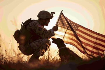 Illustration for Independence Day of the United States, July 4th - Soldier with American flag under a beautiful sun. Generative AI. Beautiful simple AI generated image in 4K, unique. - Powered by Adobe