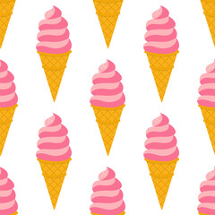 Ice Cream Bright Colorful Seamless Pattern. Summer Waffle Icecream Cone Repeating Endless Background.