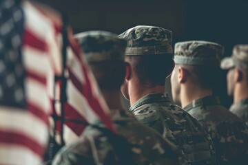 Illustration for Independence Day of the United States, July 4th - Soldier with American flag under a beautiful sun. Generative AI. Beautiful simple AI generated image in 4K, unique.