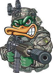 Cartoon style duck wearing military gear and holding assault rifle