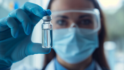 close-up female scientist holding glass vial