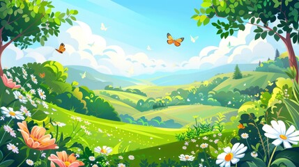 Beautiful summer valley landscape with flowers. Modern cartoon illustration of butterflies flying above green grass on hills, trees and bushes, fluffy white clouds in blue sky.