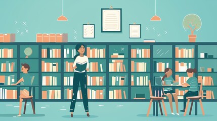 A serene library setting with focused patrons and a wealth of knowledge