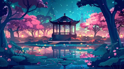 At night in a Japanese city park there are pink flowering sakura trees, a gazebo in the traditional shape, a pond with pond lotus and streetlights. It is a fantastic scene with cherry blossoms