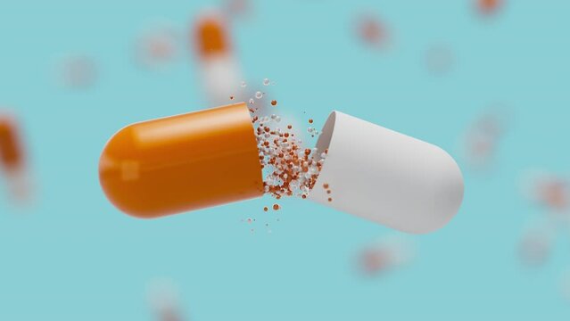 Animation of blue orange medicine capsule opening and remedy particles fly out on blue backdrop. Medical research, science concept. 3d render