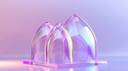 Objects of 3D holography on a violet and white gradient background. Modern illustration of abstract geometric podium with iridescent glossy surface for product presentation.