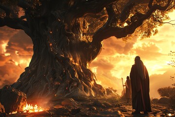 Bring to life the dramatic moment of Cain and Abels confrontation near the Tree of Life Show the patriarch figure overlooking the scene - obrazy, fototapety, plakaty