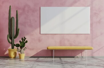 A photo of a large white blank canvas on a wall in a minimalistic interior design, with pink walls and a yellow bench with a cactus plant beside it