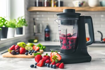 berries in blender ready for making smoothie in modern kitchen