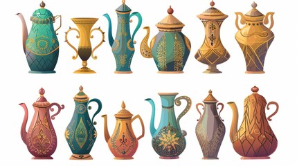 Traditional Arabian tea or coffee pot with ornamental decorations. Cartoon modern illustration of metal kettles of different shapes with antique heritage patterns. Oriental golden or copper pitchers.