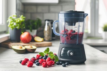 berries in blender ready for making smoothie in modern kitchen