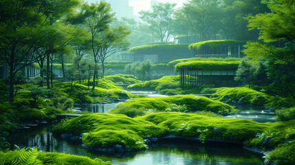 Serene green urban park with futuristic architecture