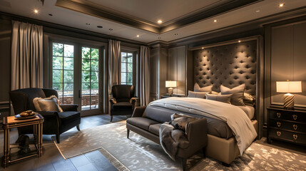 A luxurious bedroom with an elegant bed, plush armchairs and soft lighting. The room features dark...