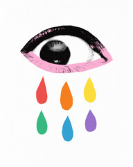 Poster. Contemporary art collage. Vivid, stylized eye and colored droplets against white...