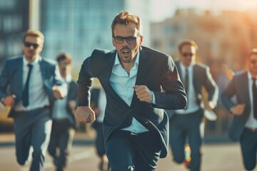 Dynamic businessman in a suit leads the way on a city street, representing leadership, urgency, and a competitive business environment in this vibrant photograph