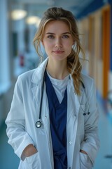 Confident and warm young female doctor with a stethoscope in a brightlylit clinic corridor
