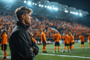 Soccer coach providing tactical guidance to his team under the evening stadium lights, with an engaged crowd in the background