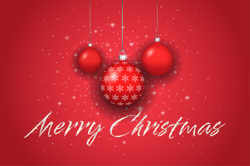 Christmas balls hanging. Greeting card. Merry Christmas title. Vector illustration