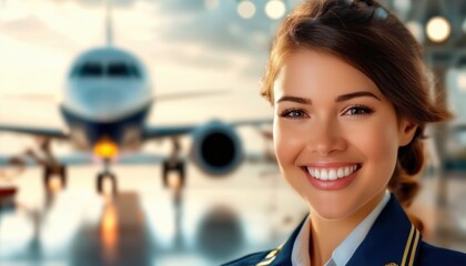 Confident female pilot in professional uniform with commercial airplane and sunrise in background, exuding joy and passion for travel