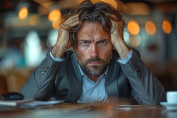 Overwhelmed businessman clutches his head in distress in a dimly lit office, battling with work stress and in need of support or a respite