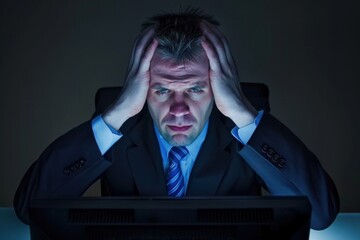 Overworked businessman feeling the strain while working late at night, lit by the glow of his computer screen in a dim office setting