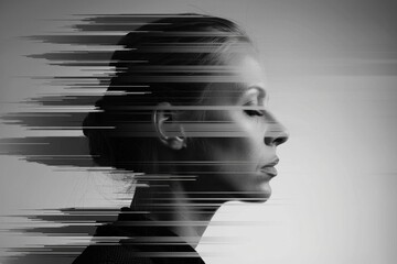 Monochrome digital glitch portrait of a woman's profile representing mental health struggles and depression through fragmented imagery