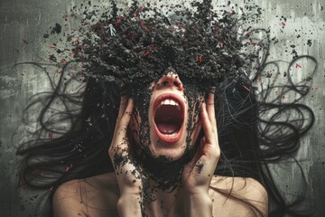 Stunning conceptual depiction of the chaos of mental illness as a woman's head breaks into pieces