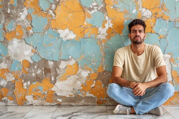Depressed young man hunched against a weathered wall, embodying the isolation and struggle of mental disorders like depression