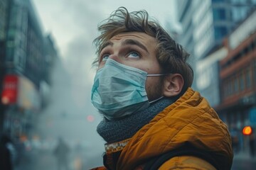 Young man wearing a surgical mask standing on a misty urban street, looking up with hope during challenging times, representing the new normal in public spaces