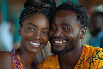 African couple in traditional clothing sharing a joyful moment with genuine smiles, capturing the essence of love and happiness in their cultural context
