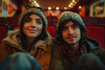 Young couple shares a special moment in a movie theater, smiling with anticipation, surrounded by red seats in warm, ambient light before the film starts