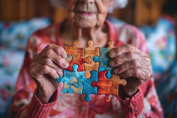 Carefully captured image of elderly woman holding a jigsaw puzzle, representing memory challenges in dementia and alzheimer's