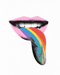 Poster. Contemporary art collage. Gender identities. Colorful rainbow tongue sticking out of mouth...